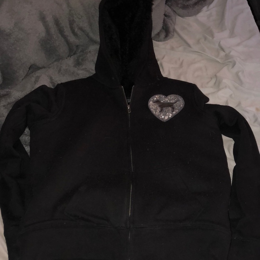 Black love pink fur hoodie